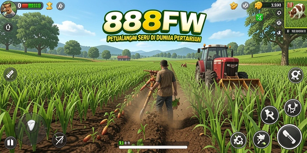 Screenshot gameplay 888FW menampilkan kebun dengan tanaman hijau subur.