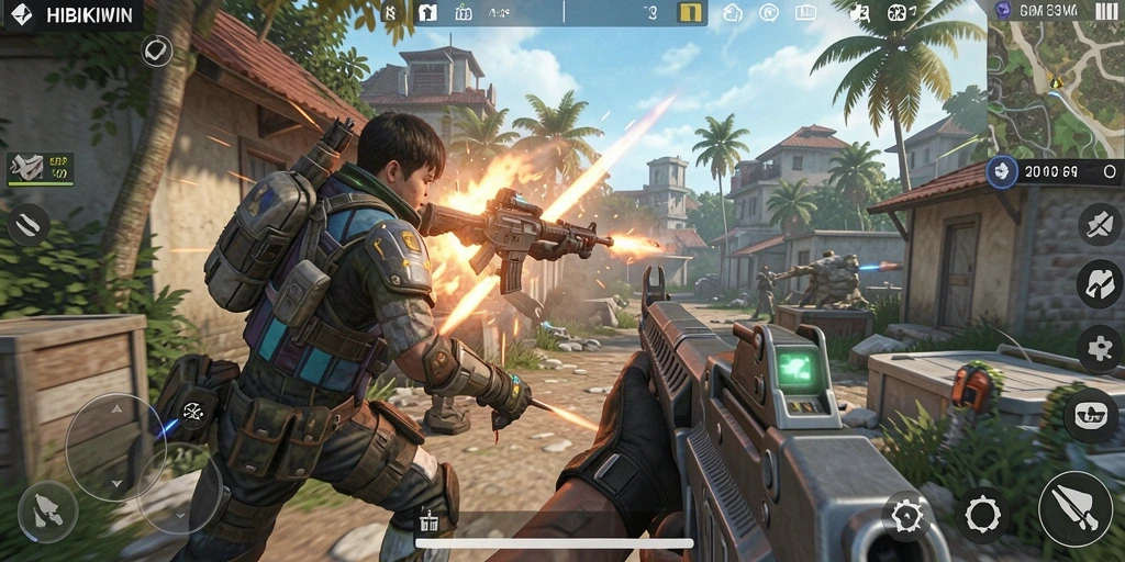 Screenshot HIBIKIWIN menampilkan aksi tembak-menembak seru dalam gameplay TPS.