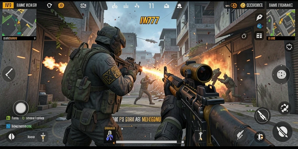 Screenshot gameplay IW777 menunjukkan aksi tembak-menembak yang intens.