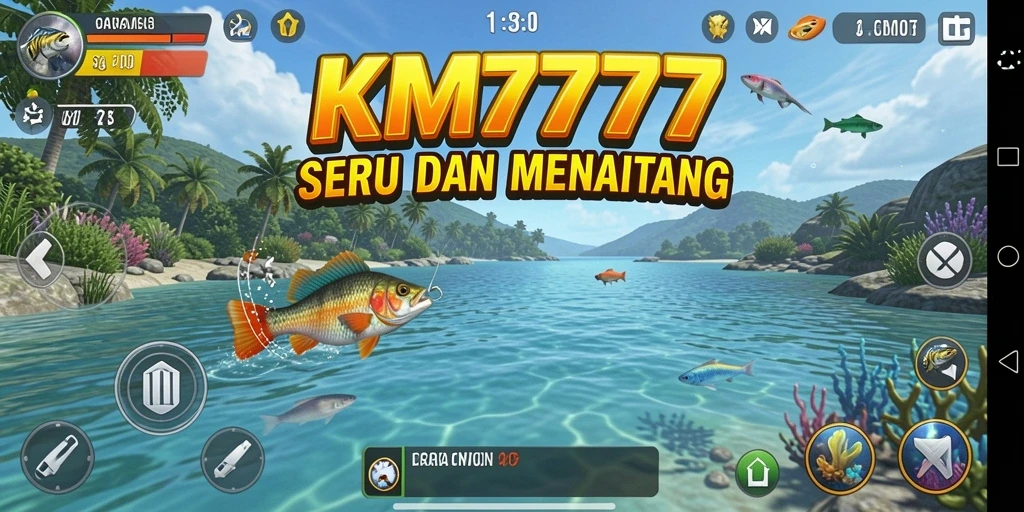 Tampilan gameplay KM777 saat memancing ikan di lautan.