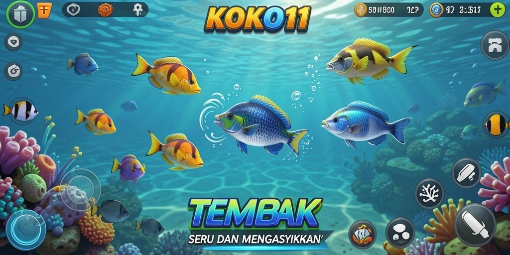 Tampilan gameplay KOKO11 saat menembak ikan dengan efek visual memukau.